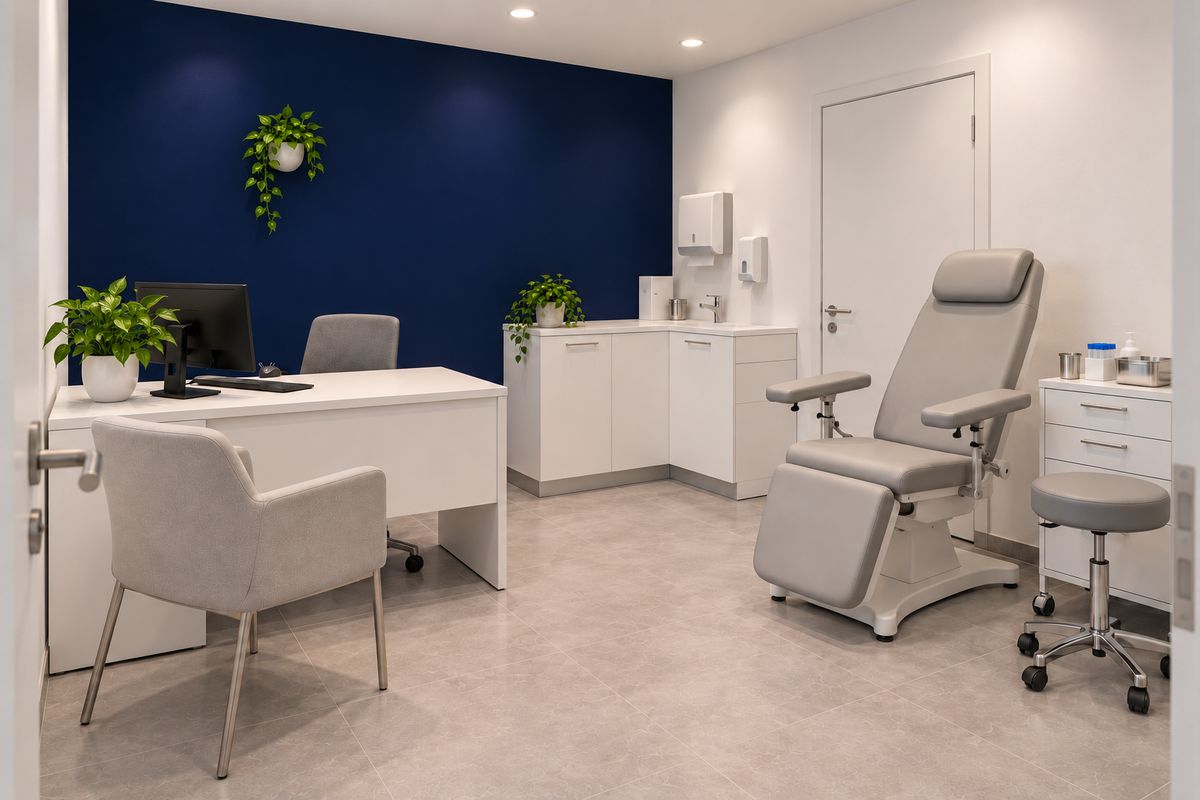 Sprechzimmer mit Schreibtisch, Behandlungsstuhl und dunkelblauer Wand